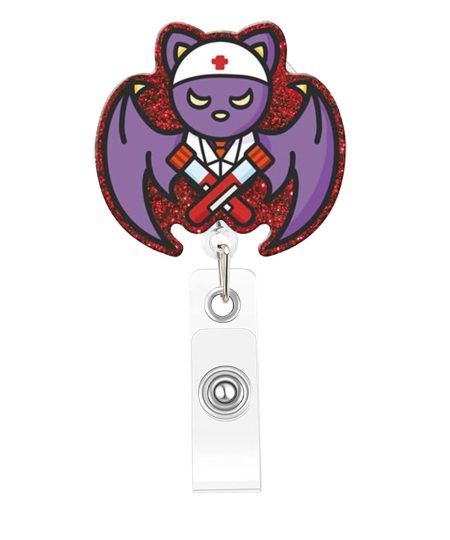 Purple glitter bat in scrubs badge reel