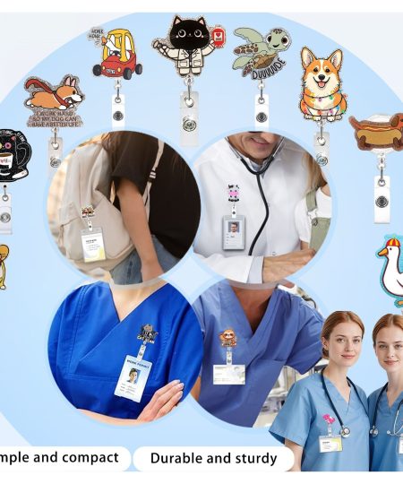Badge reels worn on scrub tops by clinical staff