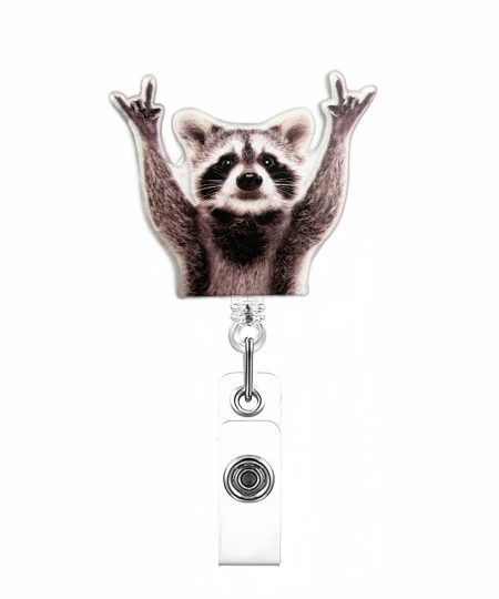 Photographic raccoon badge reel throwing peace signs