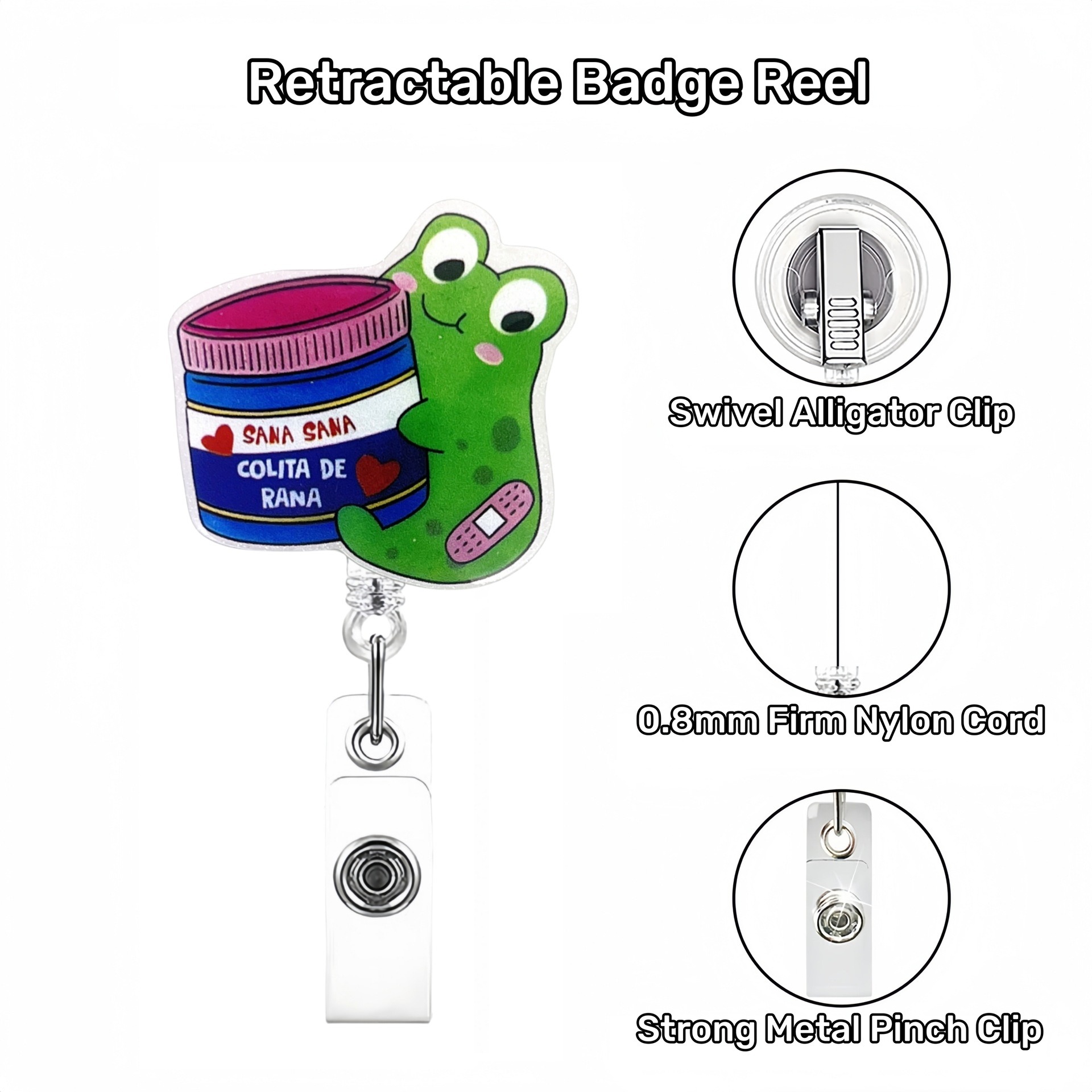 Badge reel construction - swivel alligator clip, nylon cord, metal pinch clip
