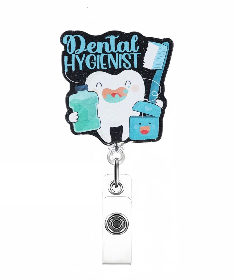 Dental Hygienist retractable badge reel with tooth and dental tools