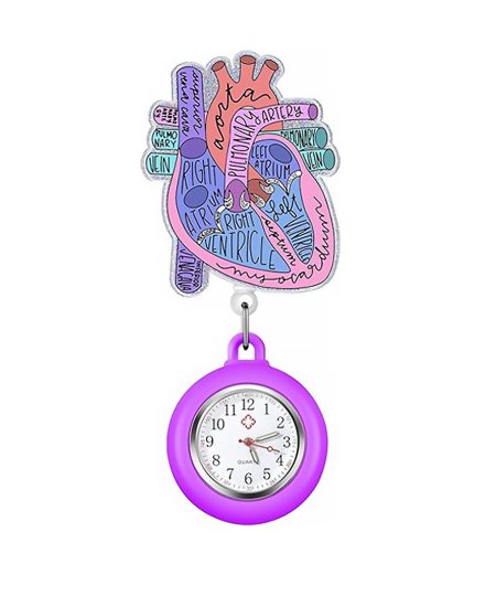 Anatomical heart fob watch with purple housing
