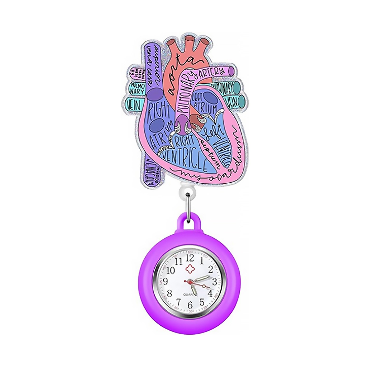 Anatomical heart fob watch with purple housing