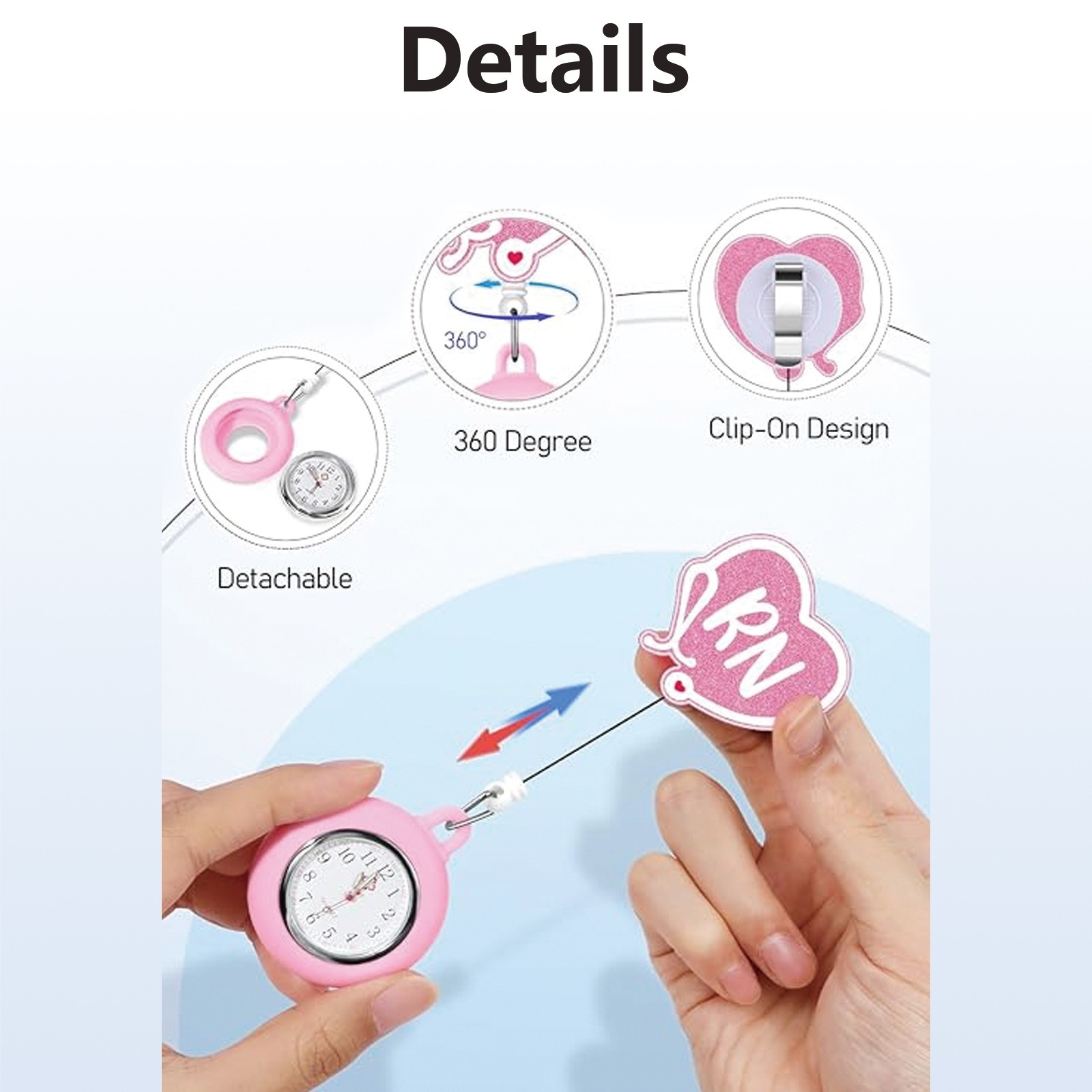 Fob watch details - detachable, 360 degree rotation, clip-on design